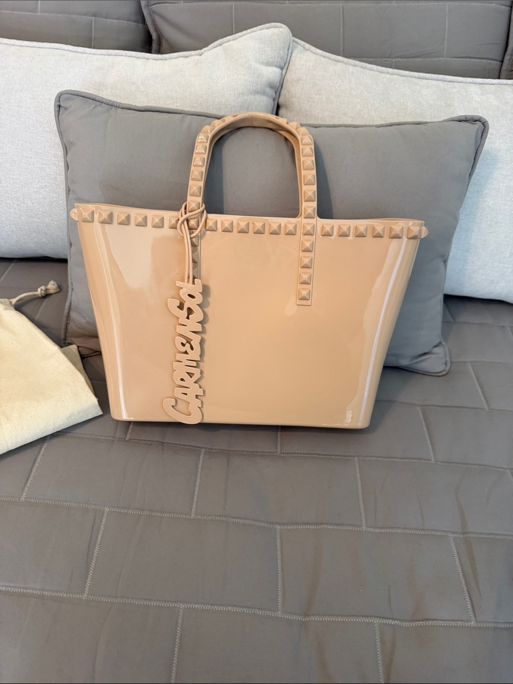 Patent Beige Stud-Trim Tote with Logo Charm